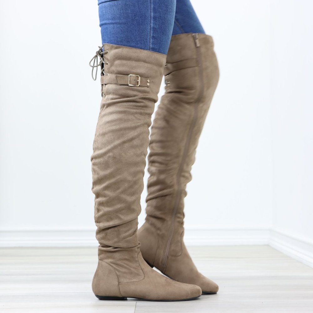 Taupe Thigh High Over The Knee Flat Boots Faux Suede Laced Back - Picture 4 of 15